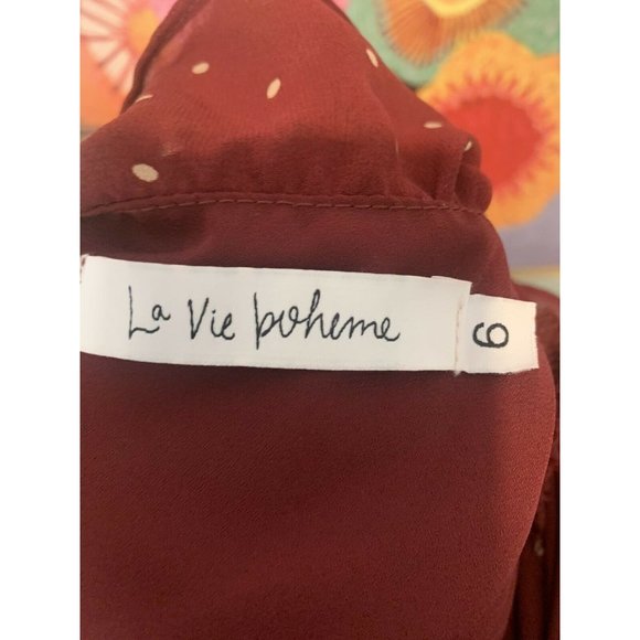 LA VIE BOHEME Burgundy Polka Dot Long Sleeve Frill Wrap Dress Sz 6 - Picture 9 of 9